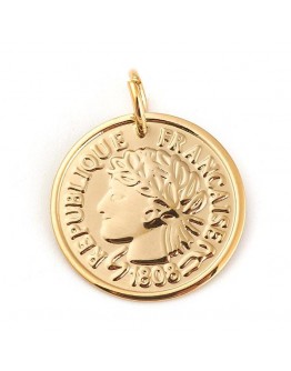 Aukso spalvos, nerūdijančio plieno pakabukas, prancūziška moneta, matmenys: 20x1mm, skylė: 5mm