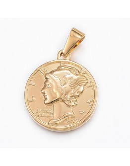 Aukso spalvos, nerūdijančio plieno pakabukas - moneta, matmenys: 29x25x3.5mm, Hole: 9x4.5mm