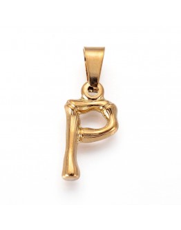 304 Stainless Steel Pendants, Bamboo Style, Letter, Golden Color, Letter.P, 19x10x3mm, Hole: 3x7mm
