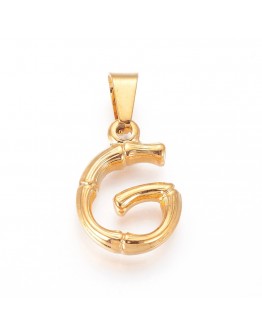 304 Stainless Steel Pendants, Bamboo Style, Letter, Golden Color, Letter.G, 19x14x3.5mm, Hole: 3x7mm