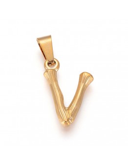 304 Stainless Steel Pendants, Bamboo Style, Letter, Golden Color, Letter.V, 19.5x12x3mm, Hole: 3x7mm