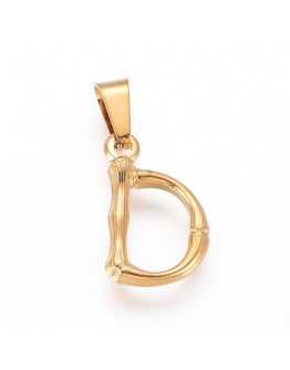 304 Stainless Steel Pendants, Bamboo Style, Letter, Golden Color, Letter.D, 18x12x3mm, Hole: 3x7mm