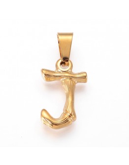 304 Stainless Steel Pendants, Bamboo Style, Letter, Golden Color, Letter.J, 18x11.5x3mm, Hole: 3x7mm