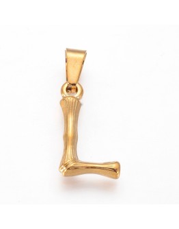 304 Stainless Steel Pendants, Bamboo Style, Letter, Golden Color, Letter.L, 19x11x3mm, Hole: 3x7mm
