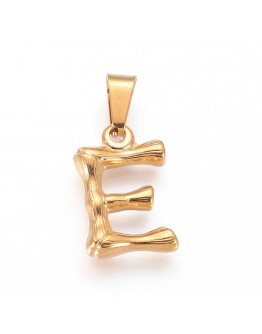 304 Stainless Steel Pendants, Bamboo Style, Letter, Golden Color, Letter.E, 18x12x3mm, Hole: 3x7mm