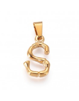 304 Stainless Steel Pendants, Bamboo Style, Letter, Golden Color, Letter.S, 19x11x3.5mm, Hole: 3x7mm