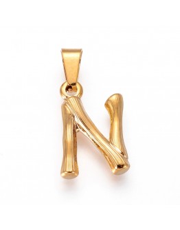 304 Stainless Steel Pendants, Bamboo Style, Letter, Golden Color, Letter.N, 19x13x3mm, Hole: 3x7mm