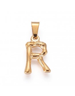 04 Stainless Steel Pendants, Bamboo Style, Letter, Golden Color, Letter.R, 18.5x12x3mm, Hole: 3x7mm