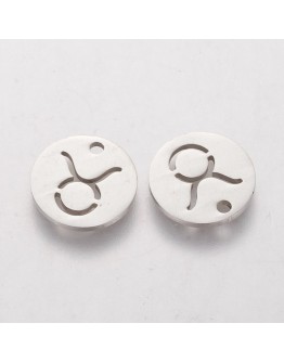 304 Stainless Steel Charms, Flat Round with Constellation/Zodiac Sign, Stainless Steel Color, 12x1mm, Hole: 1mm