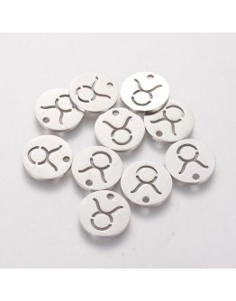304 Stainless Steel Charms, Flat Round with Constellation/Zodiac Sign, Stainless Steel Color, 12x1mm, Hole: 1mm