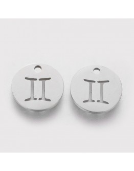 304 Stainless Steel Charms, Flat Round with Constellation/Zodiac Sign, Stainless Steel Color, 12x1mm, Hole: 1mm