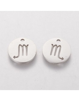 304 Stainless Steel Charms, Flat Round with Constellation/Zodiac Sign, Stainless Steel Color, 12x1mm, Hole: 1mm