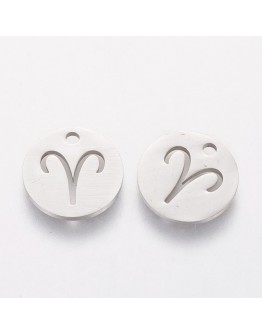 304 Stainless Steel Charms, Flat Round with Constellation/Zodiac Sign, Stainless Steel Color, 12x1mm, Hole: 1mm