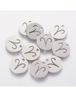 304 Stainless Steel Charms, Flat Round with Constellation/Zodiac Sign, Stainless Steel Color, 12x1mm, Hole: 1mm