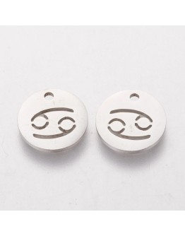304 Stainless Steel Charms, Flat Round with Constellation/Zodiac Sign, Stainless Steel Color, 12x1mm, Hole: 1mm