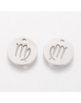 304 Stainless Steel Charms, Flat Round with Constellation/Zodiac Sign, Stainless Steel Color, 12x1mm, Hole: 1mm