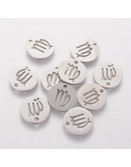 304 Stainless Steel Charms, Flat Round with Constellation/Zodiac Sign, Stainless Steel Color, 12x1mm, Hole: 1mm