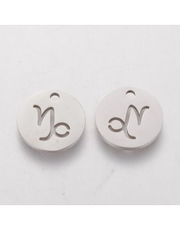 304 Stainless Steel Charms, Flat Round with Constellation/Zodiac Sign, Stainless Steel Color, 12x1mm, Hole: 1mm