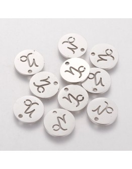 304 Stainless Steel Charms, Flat Round with Constellation/Zodiac Sign, Stainless Steel Color, 12x1mm, Hole: 1mm