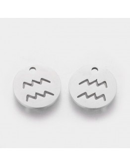 304 Stainless Steel Charms, Flat Round with Constellation/Zodiac Sign, Stainless Steel Color, 12x1mm, Hole: 1mm