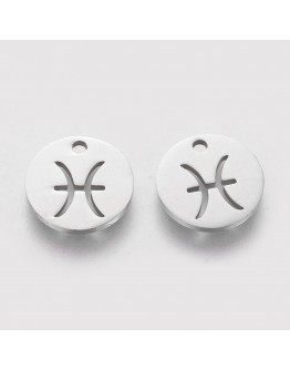 304 Stainless Steel Charms, Flat Round with Constellation/Zodiac Sign, Stainless Steel Color, 12x1mm, Hole: 1mm