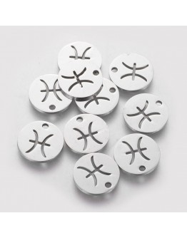 304 Stainless Steel Charms, Flat Round with Constellation/Zodiac Sign, Stainless Steel Color, 12x1mm, Hole: 1mm