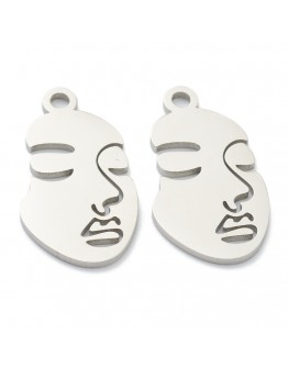 304 Stainless Steel Pendants, Abstract Face, Stainless Steel Color, 24x13x1mm, Hole: 2mm