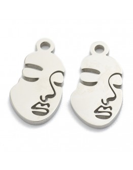 304 Stainless Steel Pendants, Abstract Face, Stainless Steel Color, 16x8.5x1mm, Hole: 1.6mm