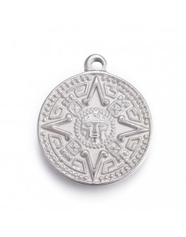 304 Stainless Steel Pendants, Flat Round with Mayan Pattern, Stainless Steel Color, 24x20x3mm, Hole: 2mm