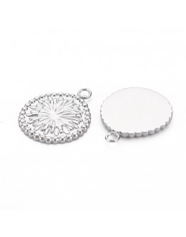 304 Stainless Steel Pendants, Cadmium Free & Nickel Free & Lead Free, Flat Round with Flower, Stainless Steel Color, 18.5x14.5x1
