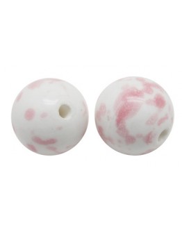 Keramikos karoliukai, apvalūs, balti su rausvomis dėmelėmis, matmenys: ~16.5mm, skylė: 3mm