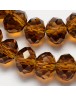 Stiklo karoliukai, apvalūs, plokšti, briaunuoti, skaidrūs, rudi, matmenys: 6x4mm; skylė: 1.0mm; apie 100 vnt./gijoje