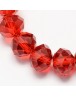 Stiklo karoliukai, apvalūs, plokšti, briaunuoti, skaidrūs,raudoni, matmenys: 4x3mm, skylė: 1mm; ~150vnt./gijoje