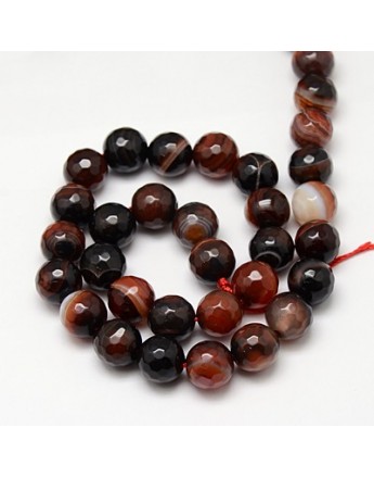Natural Striped Agate Beads Strands, Faceted, Dyed, Round, SaddleBrown, 10mm, Hole: 1.2mm