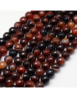 Natural Striped Agate Beads Strands, Faceted, Dyed, Round, SaddleBrown, 10mm, Hole: 1.2mm