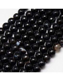 Natural Black Striped Agate Beads Strands, Faceted, Dyed, Round, Black, 10mm, Hole: 1.2mm, about 38pcs/strand, 15"