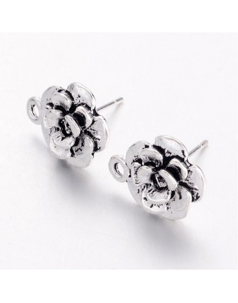 Alloy Ear Studs, Lead Free and Cadmium Free, Flower, Antique Silver, about 14mm long, 11.5mm wide, Pin: 1mm