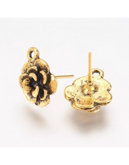 Tibetan Style Ear Studs, Lead Free and Cadmium Free, Antique Golden Color, 21.5x15x1.5mm